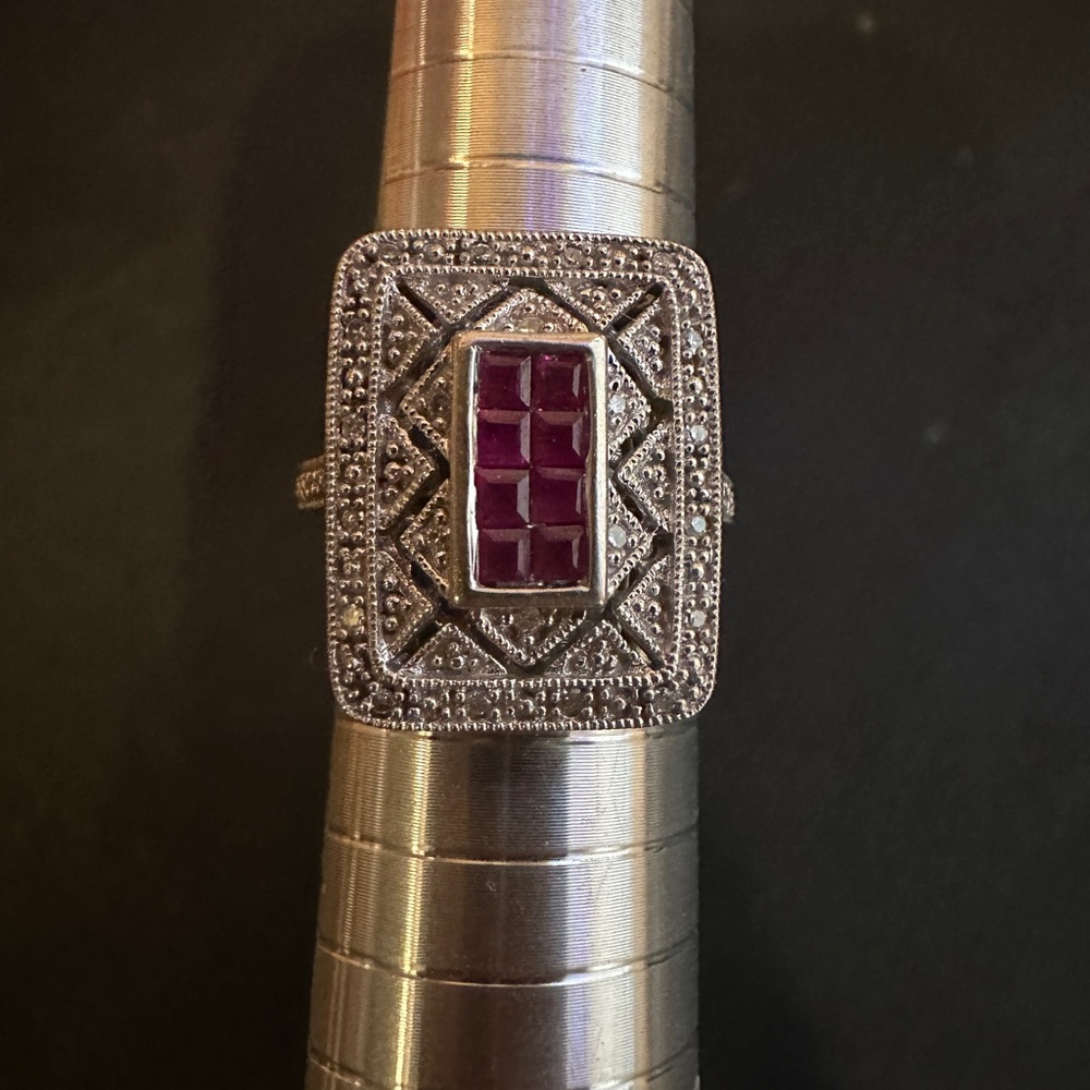Robert Klein KL JCI 10K  Art Deco White Gold Ruby Round Diamonds Ring Size 7 Vtg